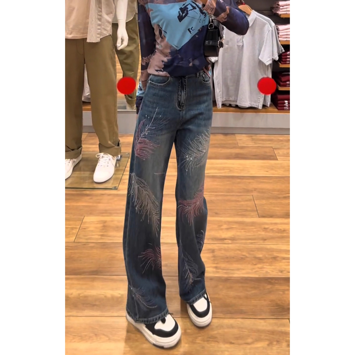 蓝色重工设计感阔腿裤女2025夏季