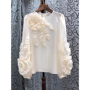 立体花朵衬衫女长袖木耳边拼接春季新款气质时尚洋气法式上衣