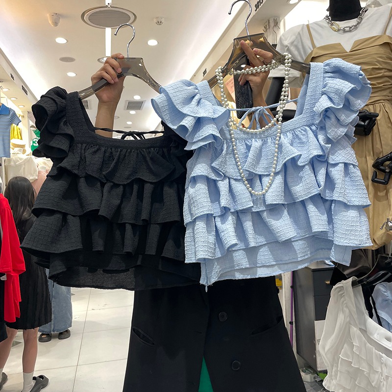 甜美荷叶边方领衬衫直筒型无袖