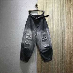 垮裤 女百搭宽松显瘦小脚老爹裤 渐变色破洞乞丐牛仔哈伦裤 欧货个性