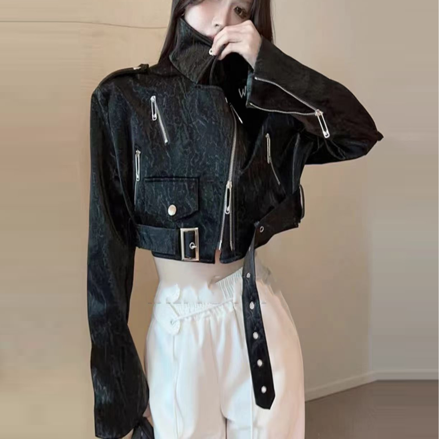 美式流行酷飒风黑色刺绣pu皮衣外