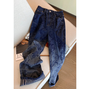 渐变蓝色设计感腰果花直筒牛仔裤女2026春季新款高腰显瘦阔腿裤女