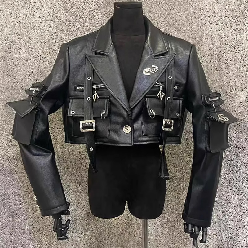 原创设计短款皮衣金属装饰短外套