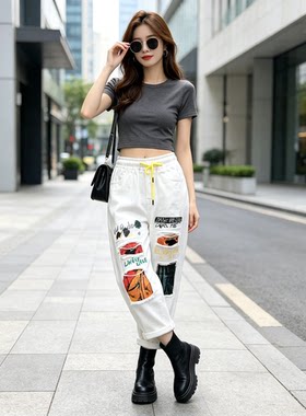 原创定制时尚薄款白色破洞爆款牛仔裤女宽松哈伦裤高腰复古八分裤