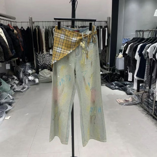 重工美式彩绘涂鸦做旧牛仔裤女夏季新款高腰直筒宽松显瘦阔腿裤子