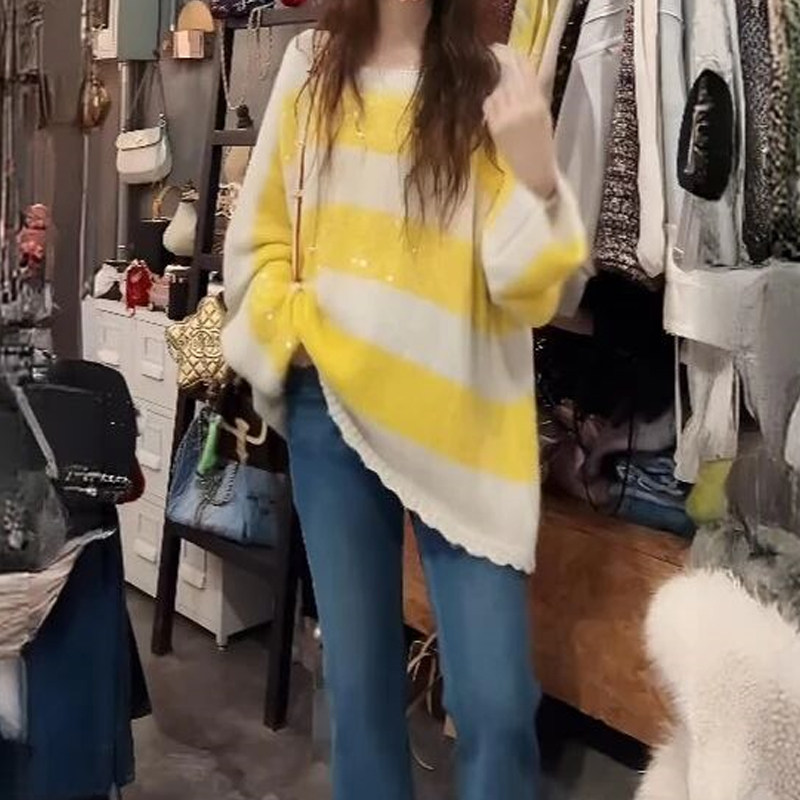 韩系穿搭撞色条纹软糯毛衣女2025
