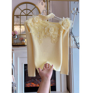 2025年秋冬性感挂脖重工钉珠立体花朵针织衫女修身显瘦打底衫毛衣