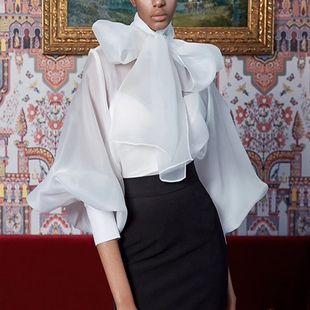 适度奢华韩国时尚名媛小姐欧根纱蝴蝶结泡泡袖透视系领带长袖衬衫