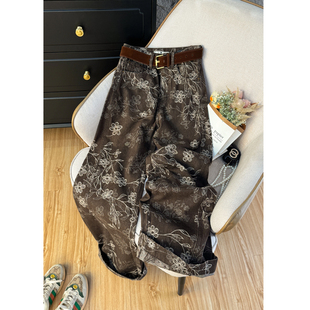 穿搭复古提花宽松直筒休闲裤 秋季 版 型超好看 子 咖色牛仔裤 裤 女款