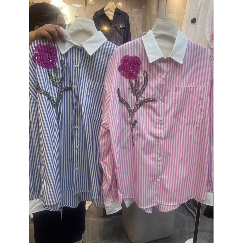 宽松单排扣长袖棉钉珠玫瑰花衬衫