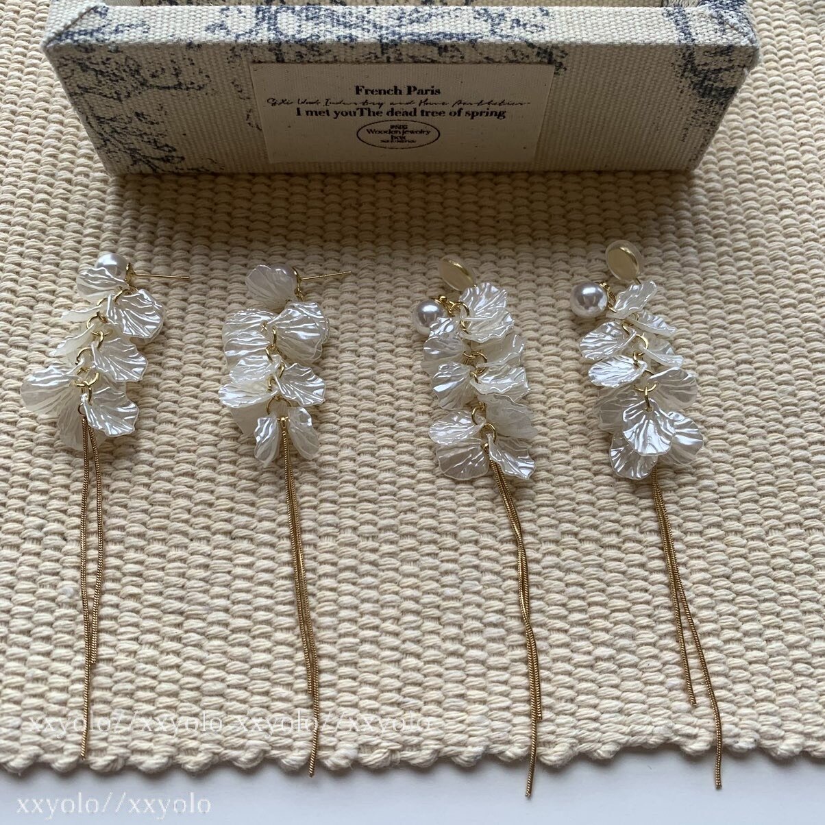 xxyolo/白色恋人 花瓣珍珠高级感长款气质流苏珍珠耳环耳夹