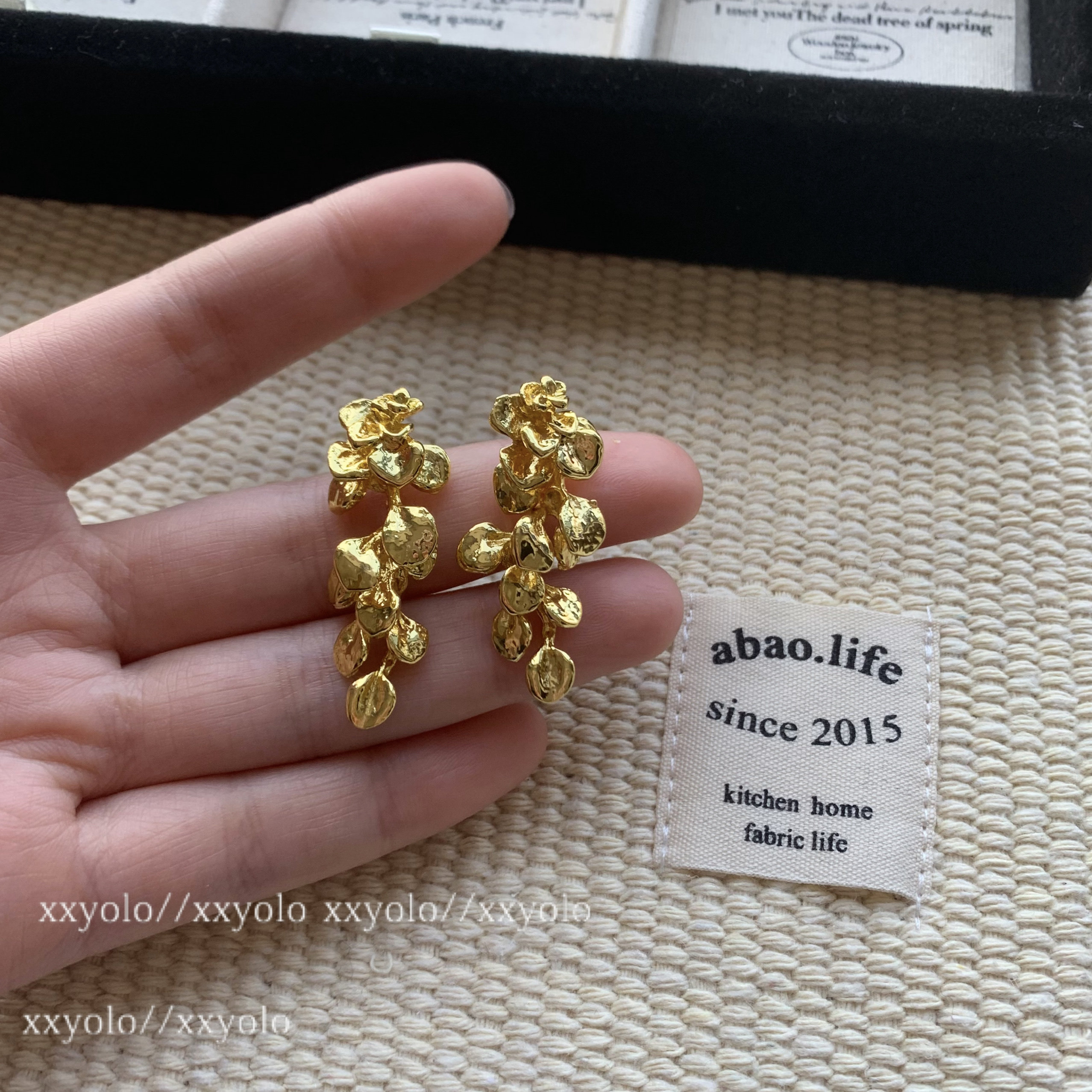 xxyolo/富贵迷人眼 方圆脸流苏贵气金属小叶子造型925银针耳环