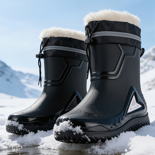 秋冬束口加绒保暖厚实男雨靴大码48胶靴骑手防风夜间束口反光条鞋