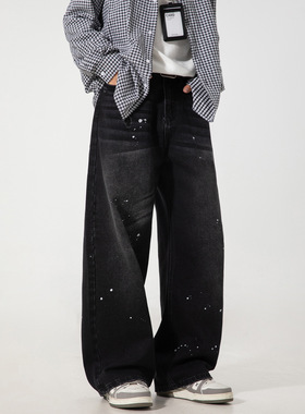 高街潮牌泼墨设计破洞牛仔裤秋款美式复古水洗直筒裤廓形长裤子阔