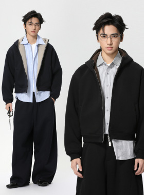 MTLCLOTHES男装|韩系纯色重磅连帽短款双面穿外套运动休闲套装潮