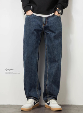 原色水洗牛仔裤男直筒宽松美式复古加绒加厚裤子潮牌休闲春秋款新