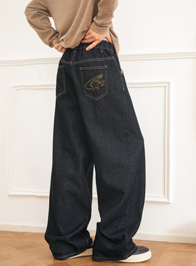 中缝立体活页撞色复古水洗牛仔裤男春季美式潮牌刺绣宽松直筒长裤