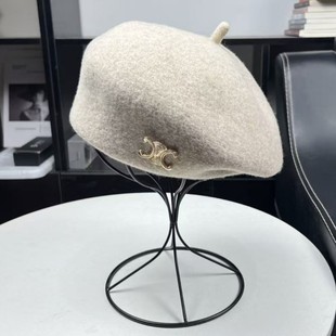 凯旋门画家帽羊毛呢贝雷帽子女秋冬季百搭气质高品质金属标蓓蕾帽
