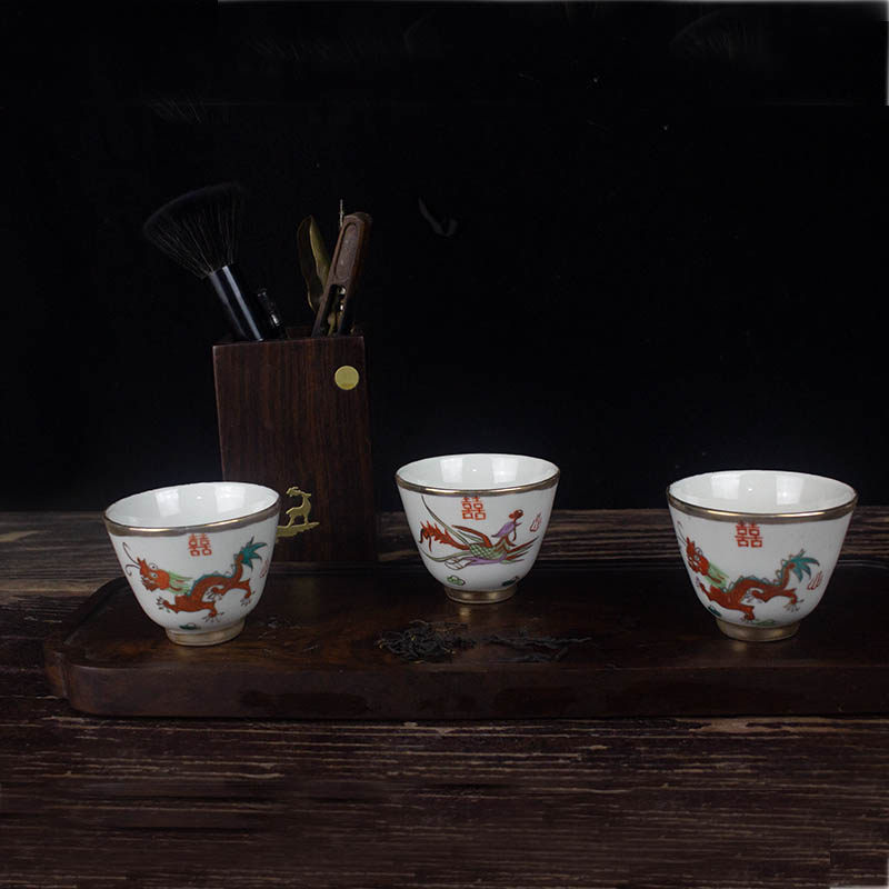景德镇陶瓷老厂货手工绘制粉彩金斗方二缸盅喜茶杯龙凤呈祥茶水杯