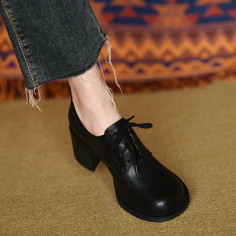 仙美迪 中跟系带单鞋女黑色粗跟深口女鞋2022年秋天新款真皮鞋女,女鞋,深口单鞋,淘宝优惠券,粉丝福利购,淘宝优惠卷