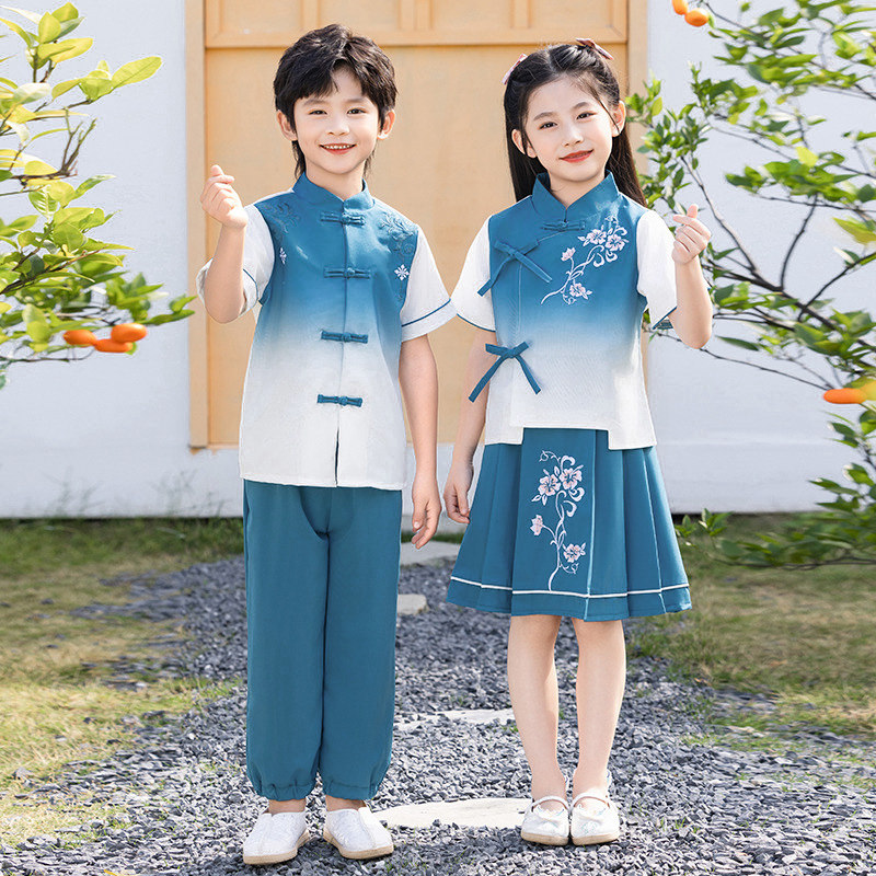 幼儿园园服夏季套装儿童班服绿色连衣裙中国风小学生校服夏装T恤