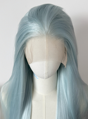 冰绿低饱和浅蓝绿色手织前额大蕾丝手钩假发cos毛胚随意分缝till