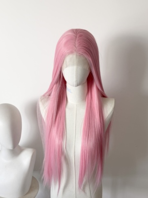 草莓粉浅粉mizicos手钩前额蕾丝假发毛胚仿真发际线粉色假发亚比