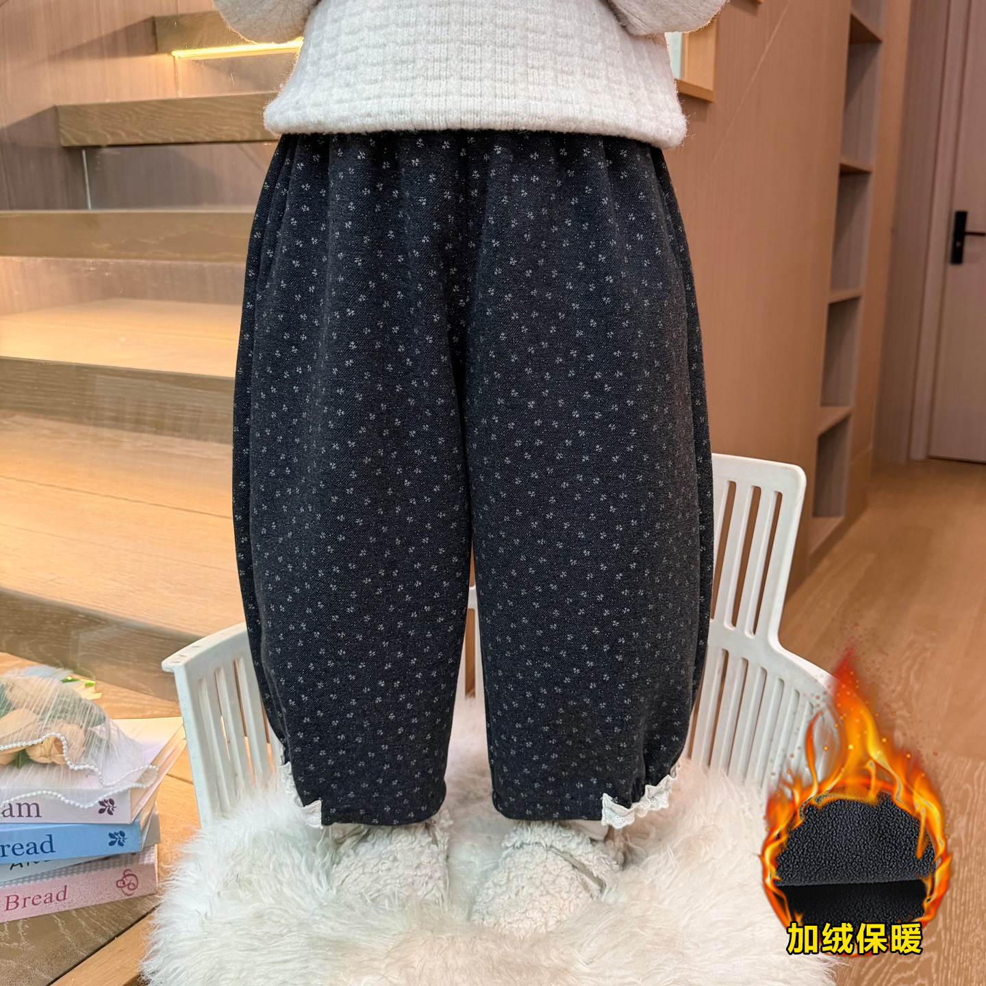 女童裤子2025秋冬甜美休闲韩版阔腿裤女宝宝黑色波点裤小女孩长裤