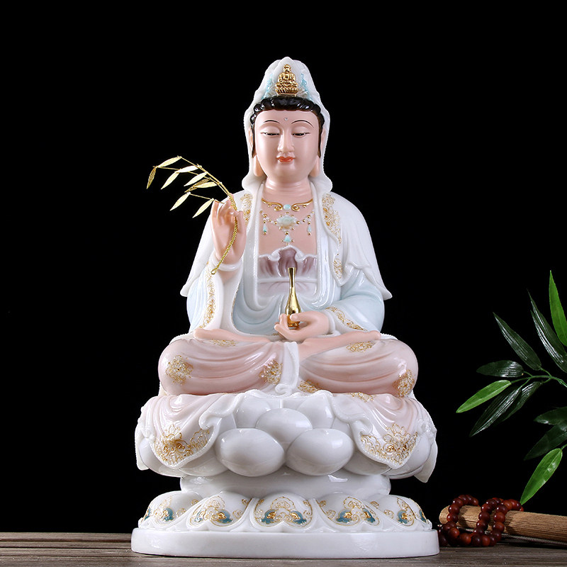 汉白玉观音菩萨供奉家用彩绘娑婆三圣坐像石雕镶金观世音佛像摆件