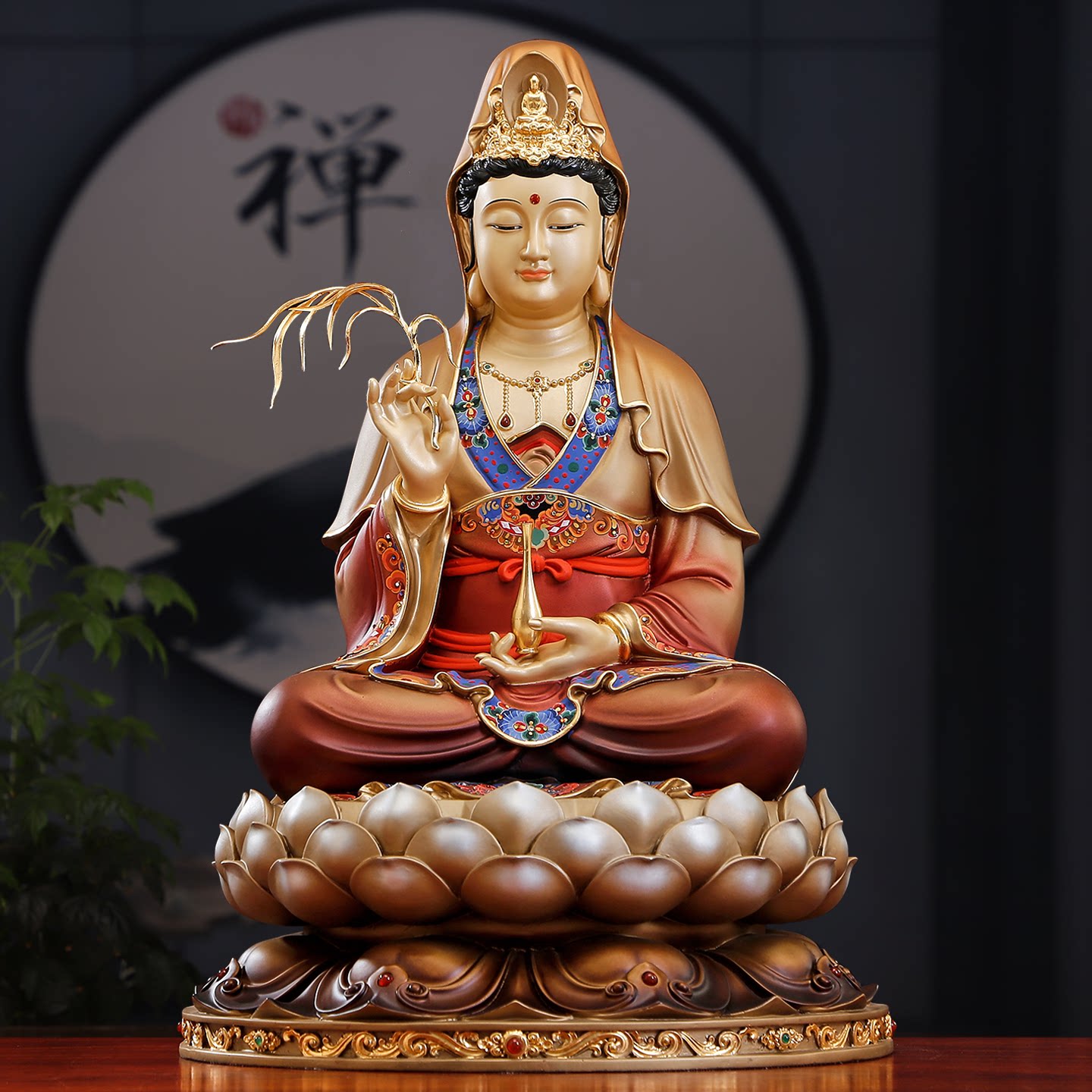 台湾纯铜观音菩萨佛像家用供奉太古彩绘观音铜像娑婆三圣客厅摆件