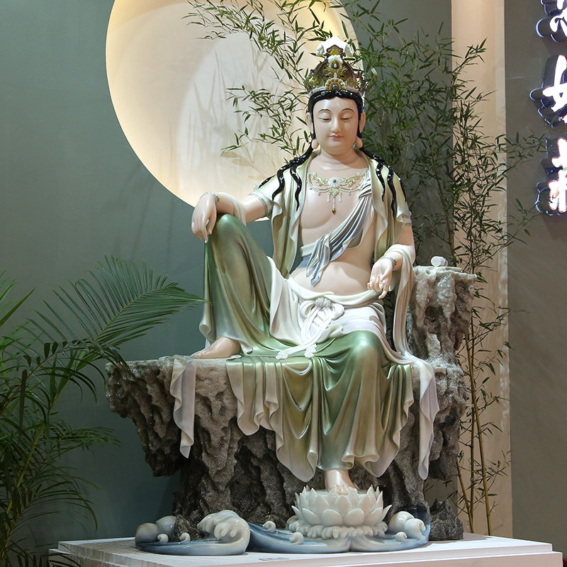 汉白玉水月观音菩萨手工彩绘佛像