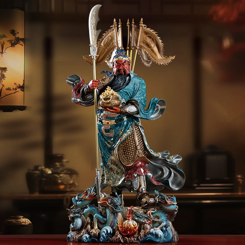 纯铜彩绘九龙关公神像摆件客厅立刀武财神聚宝五旗关公关二爷佛像
