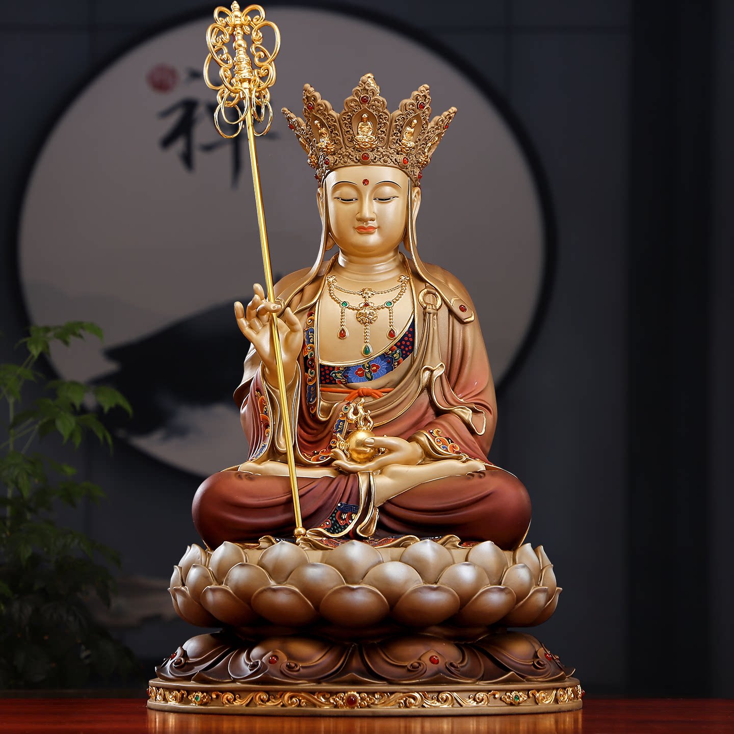 台湾纯铜地藏王菩萨家用供奉地藏菩萨佛像彩绘铜佛像娑婆三圣摆件