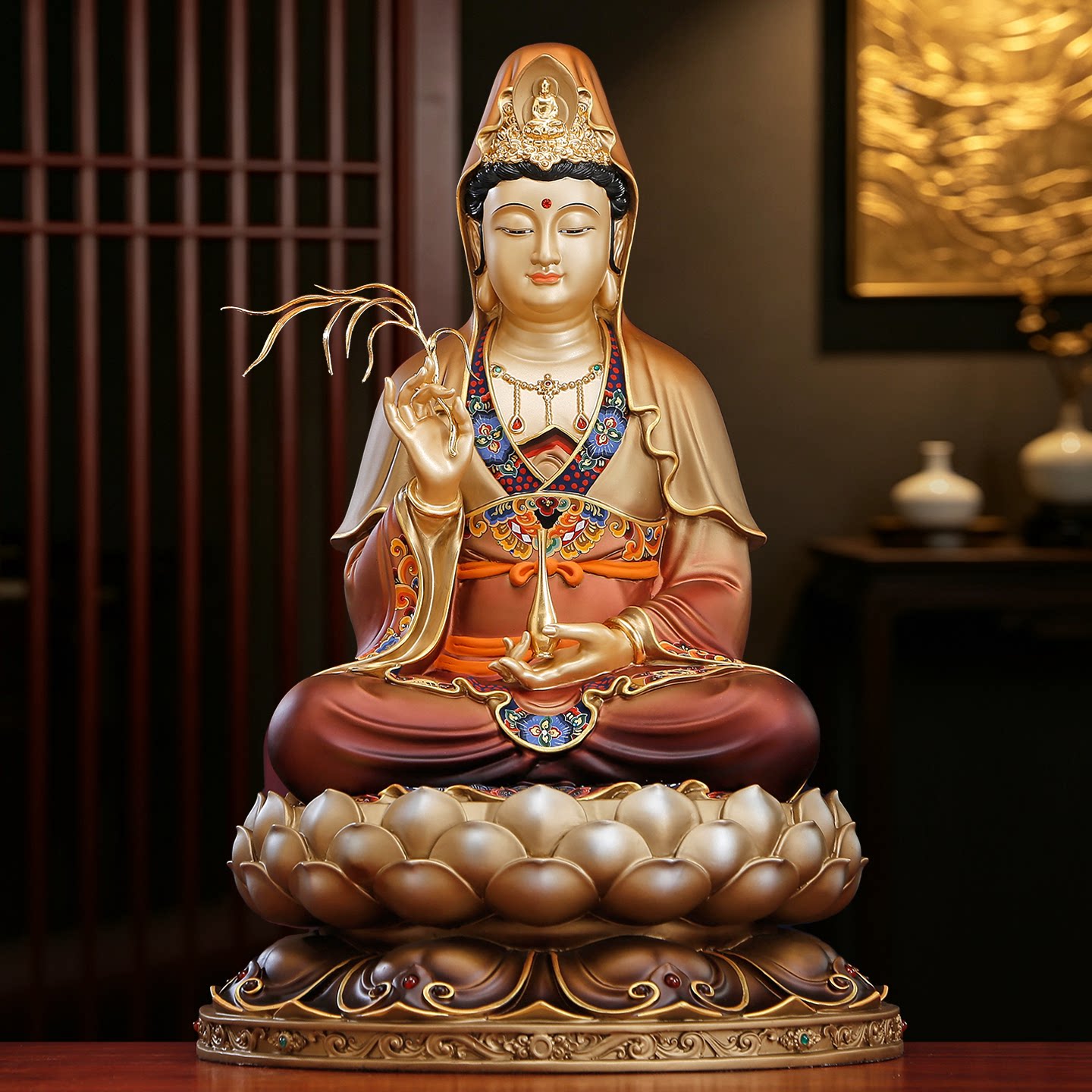 台湾纯铜观音菩萨佛像家用供奉太古彩绘观音铜像娑婆三圣客厅摆件