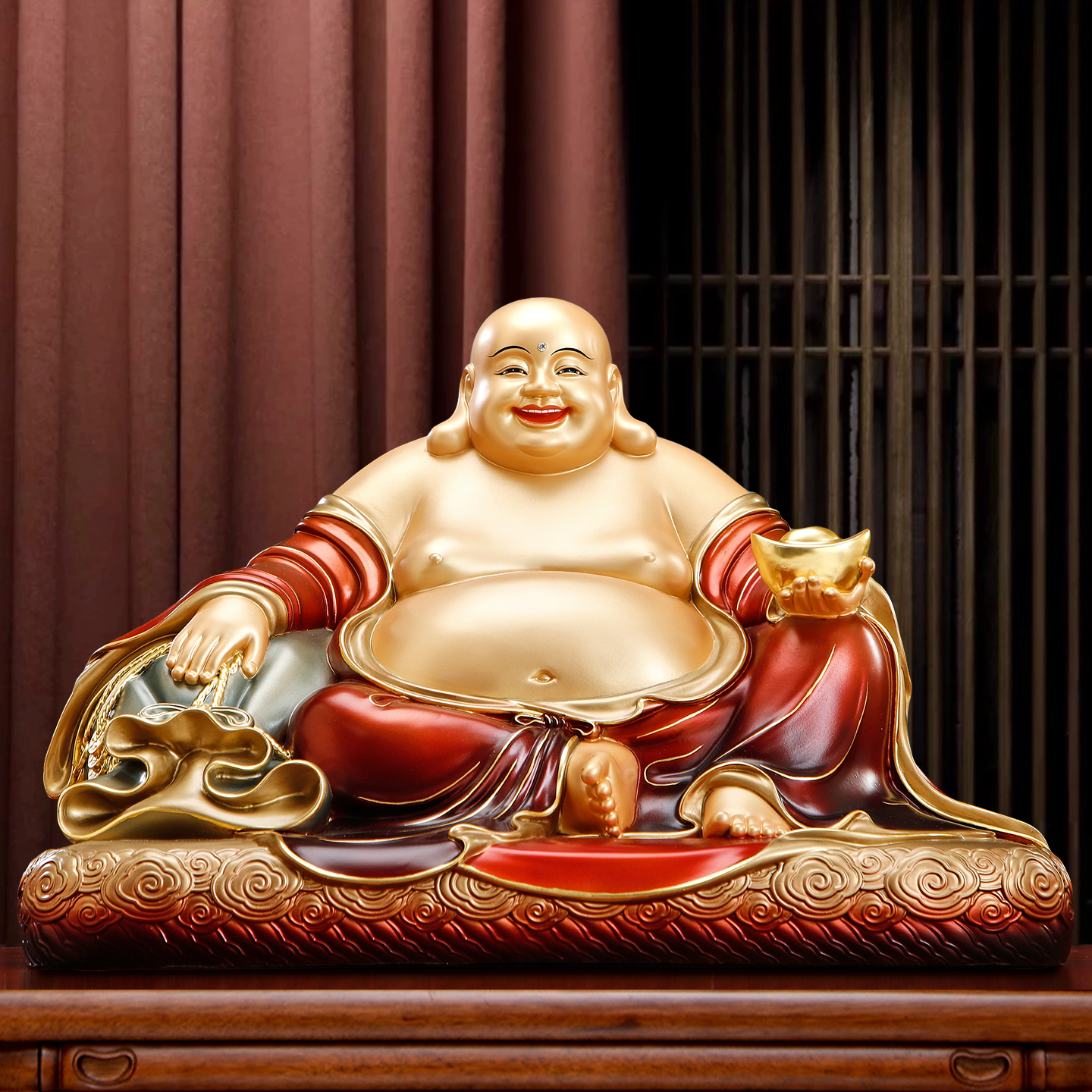 台湾纯铜彩绘宽体弥勒佛菩萨家用供奉大肚笑佛像客厅店铺招财摆件