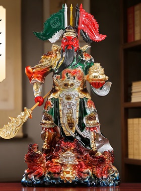 纯铜彩绘关公神像聚宝盆招财摆件
