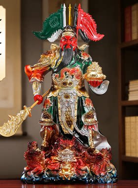 纯铜彩绘关公神像聚宝盆招财摆件