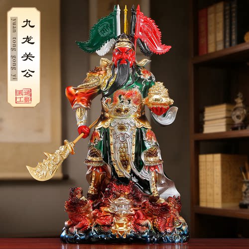 纯铜彩绘关公神像聚宝盆招财摆件