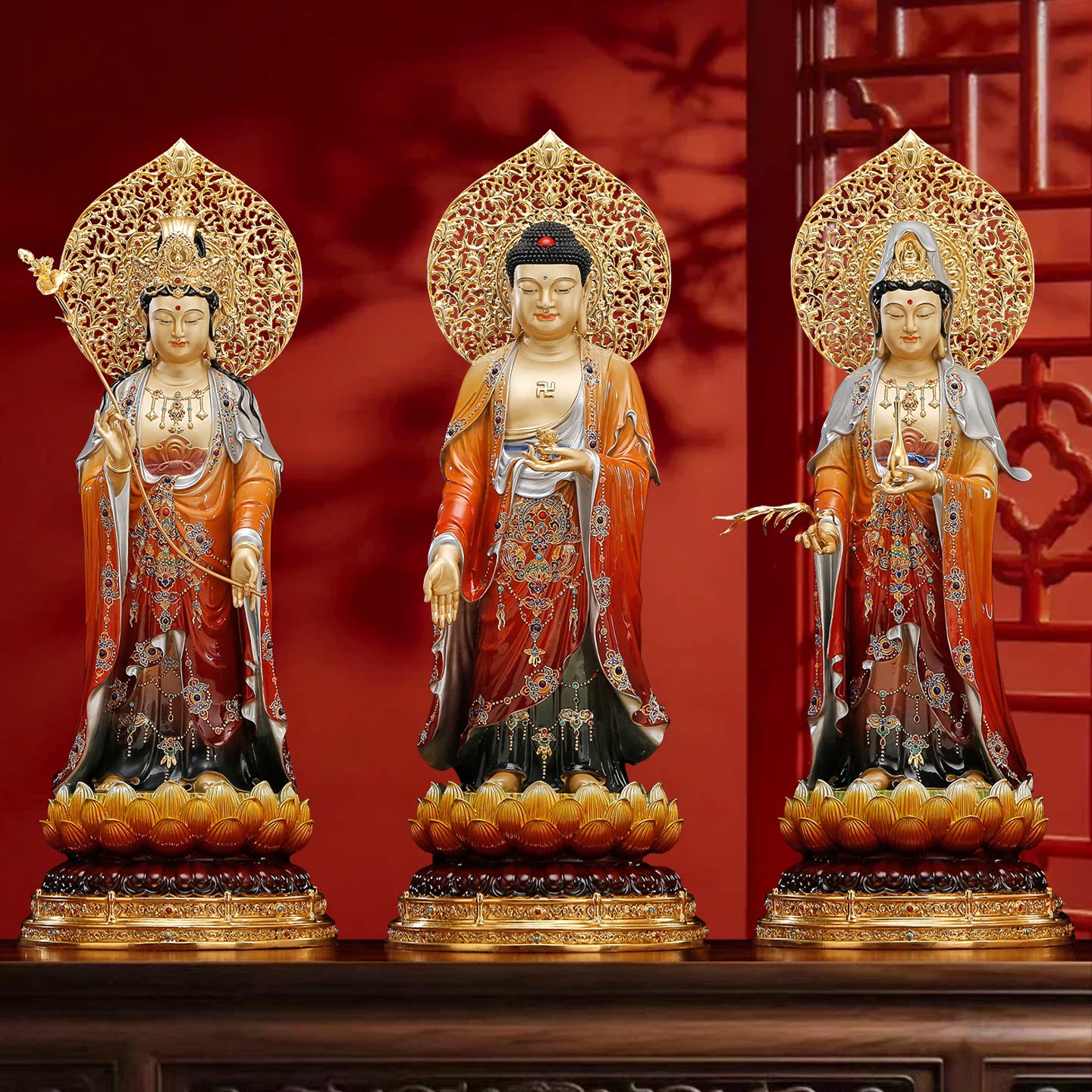 台湾纯铜彩绘西方三圣佛像家用供奉观音菩萨佛像阿弥陀佛站像摆件