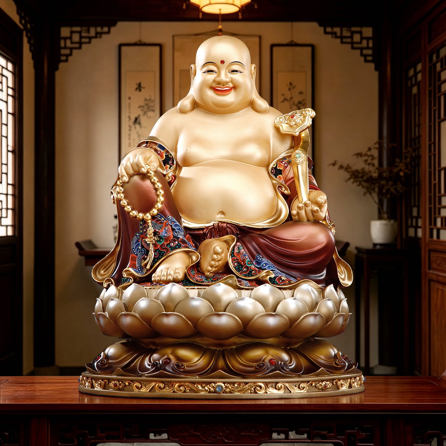 台湾纯铜彩绘弥勒佛摆件大肚弥勒佛佛像供奉家用店铺招财笑佛摆件