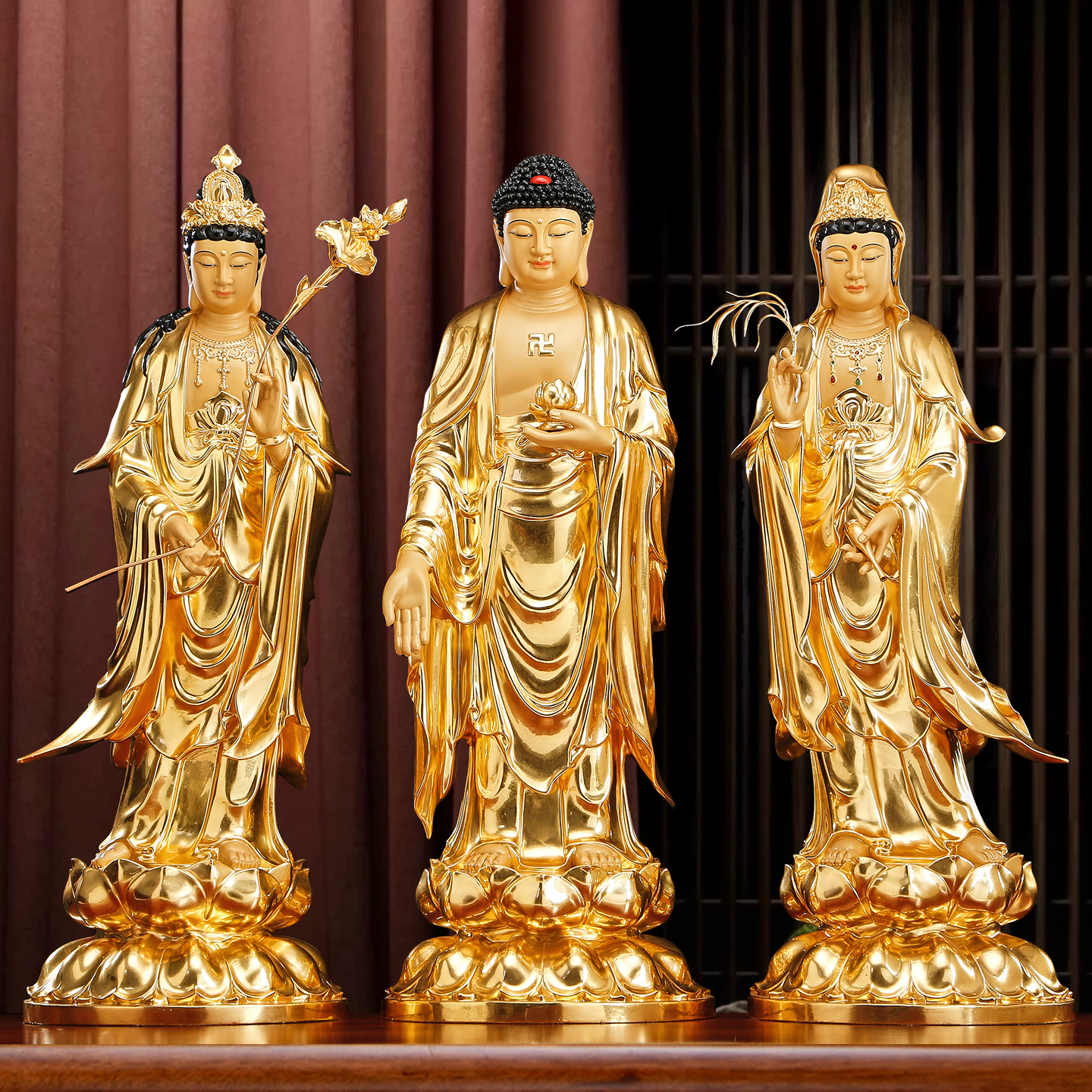 台湾纯铜贴金西方三圣佛像家用供奉阿弥陀佛站像观音菩萨佛像摆件