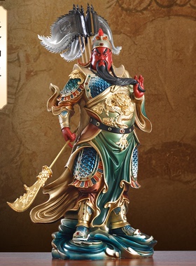 纯铜太古彩带旗关公神像招财摆件