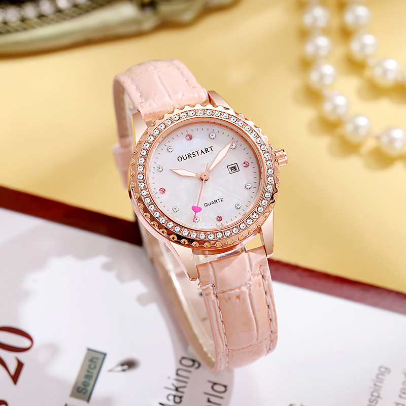 新款日历水鬼粉嫩女表 韩版时尚镶钻贝母面爱心小清新学生石英表