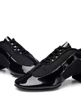 AG8003拼网拉丁教师练习鞋两点底中跟底软男女同款皮拼拼网舞蹈鞋