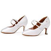 较宽松型华尔兹比赛舞蹈鞋 A5024白色斜带方跟款 圆头版 包邮 女摩登