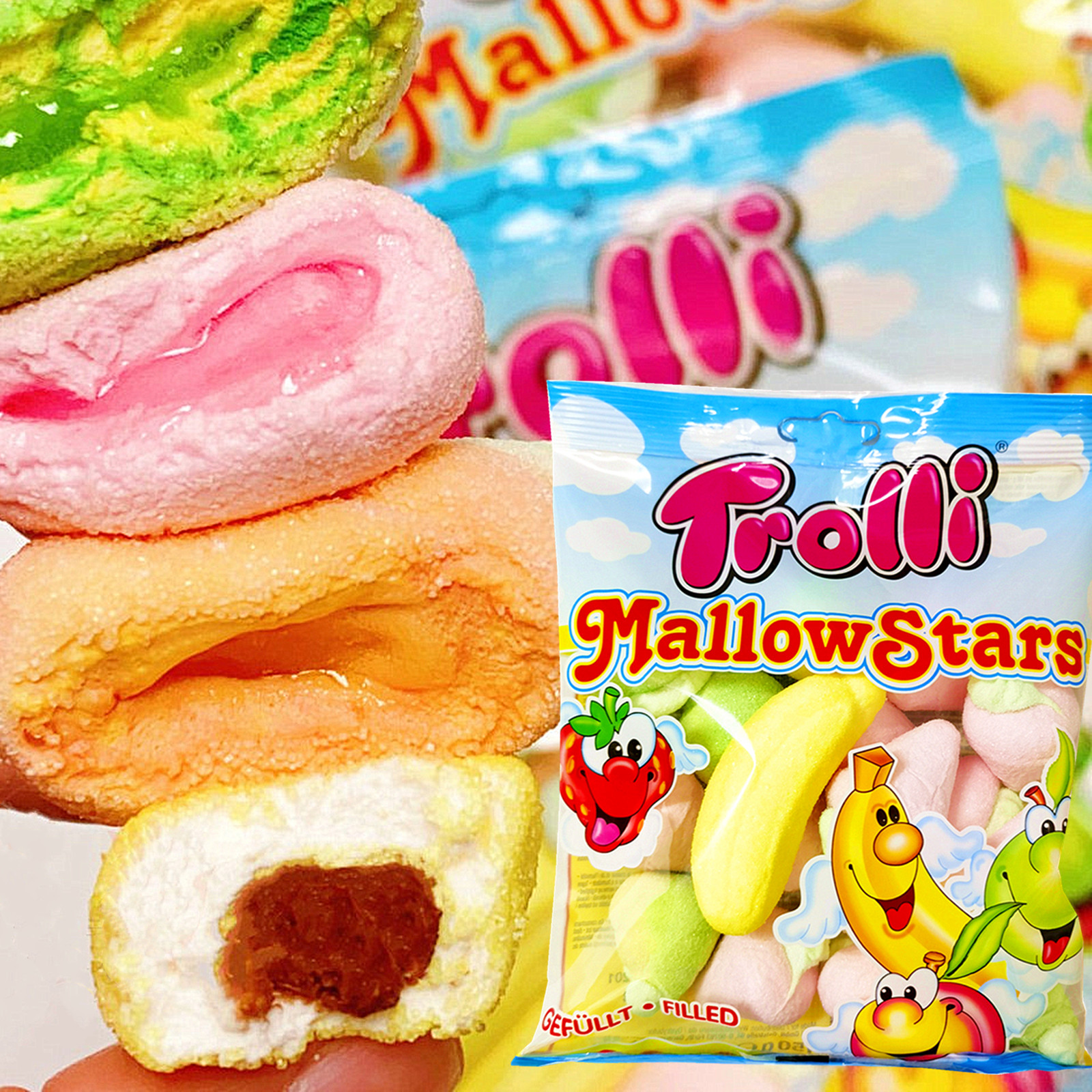 德国Trolli口力酸酸甜甜酸苹果爆浆棉花糖香蕉巧克力夹心草莓酸条