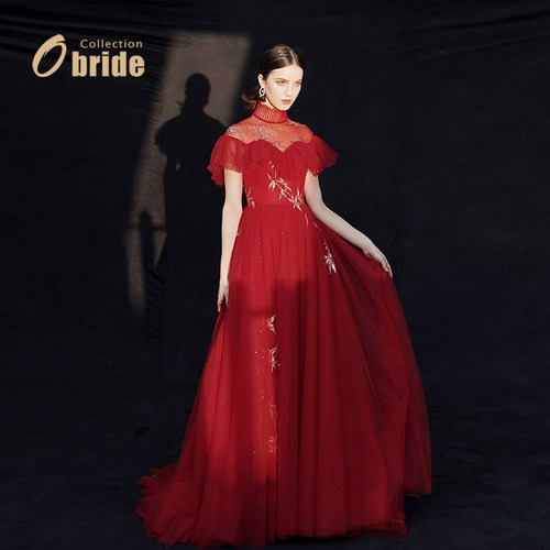obride新中式一字肩红色敬酒服