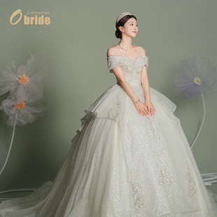 高定重工大拖尾主婚纱 一字肩婚纱新娘2025新款 Obride 星川落