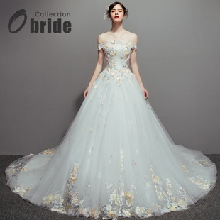 手工超奢华大拖尾定制 原创婚纱礼服一字肩超仙韩式 落樱 obride