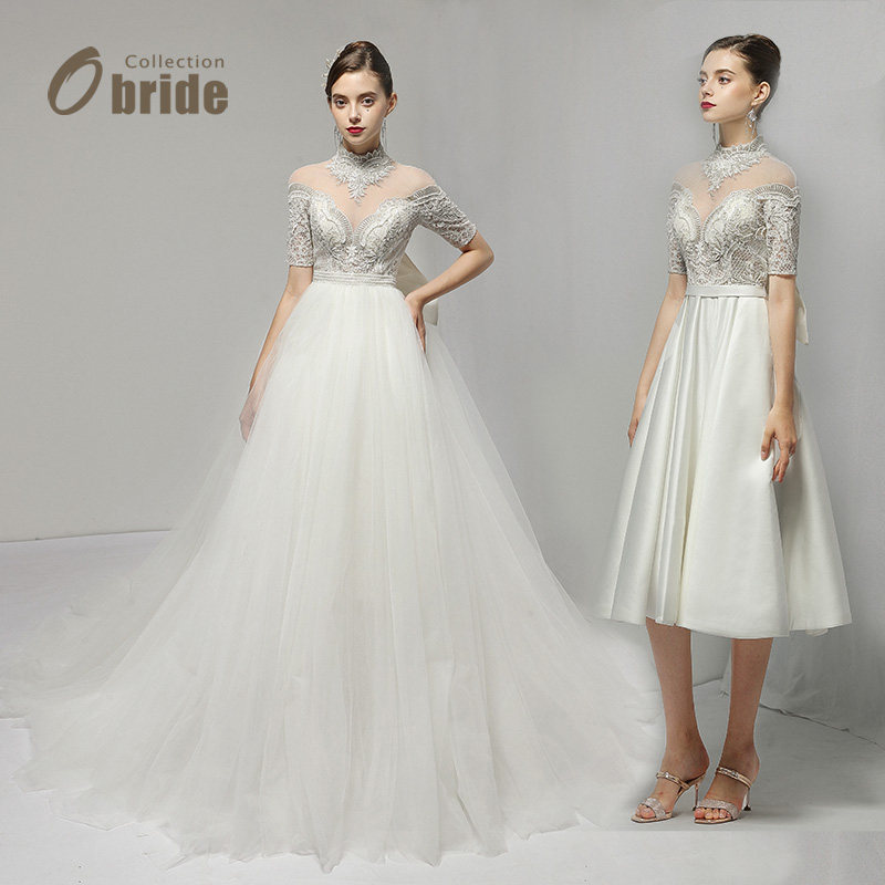 Obride[赫本]新款婚纱两穿一字肩复古短款缎面新娘可拆卸拖尾婚纱